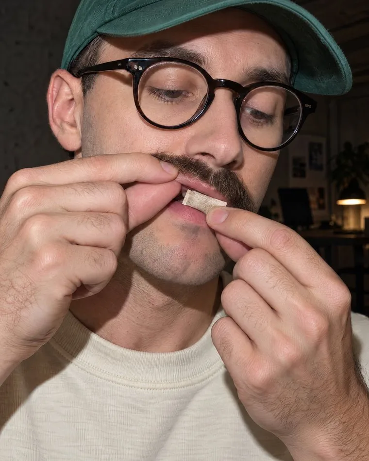 A man placing a WAVE pouch under his upper lip.